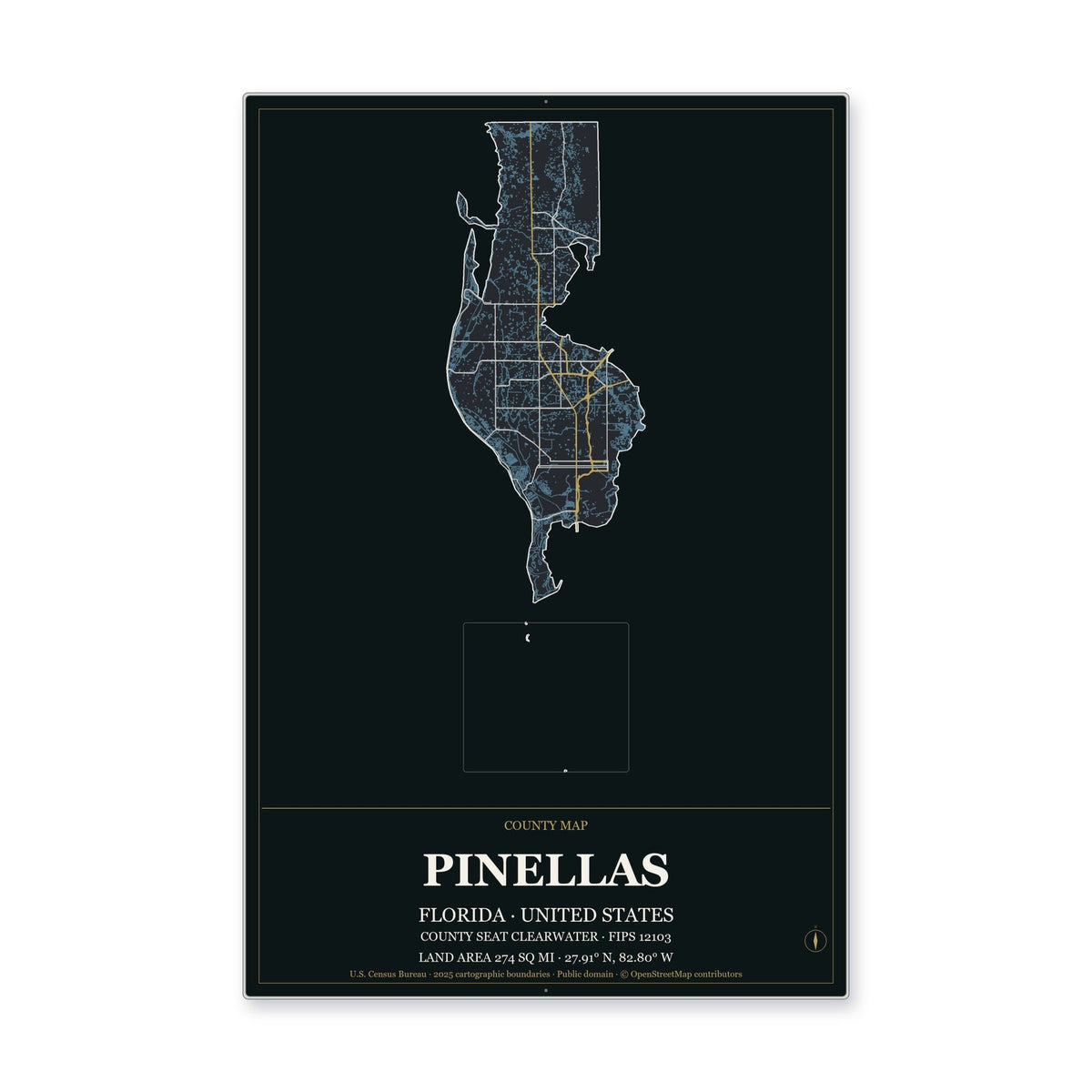 Pinellas County, Florida Map Aluminum Sign in Metropolitan Noir style