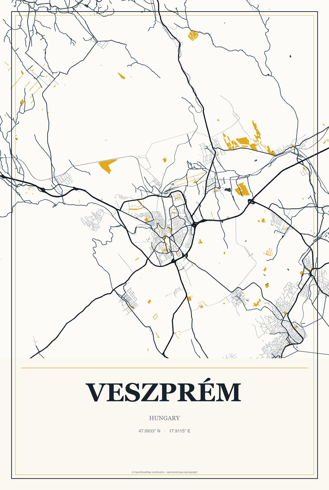Veszprém, Hungary City Map Aluminum Sign in Citrine Modern style