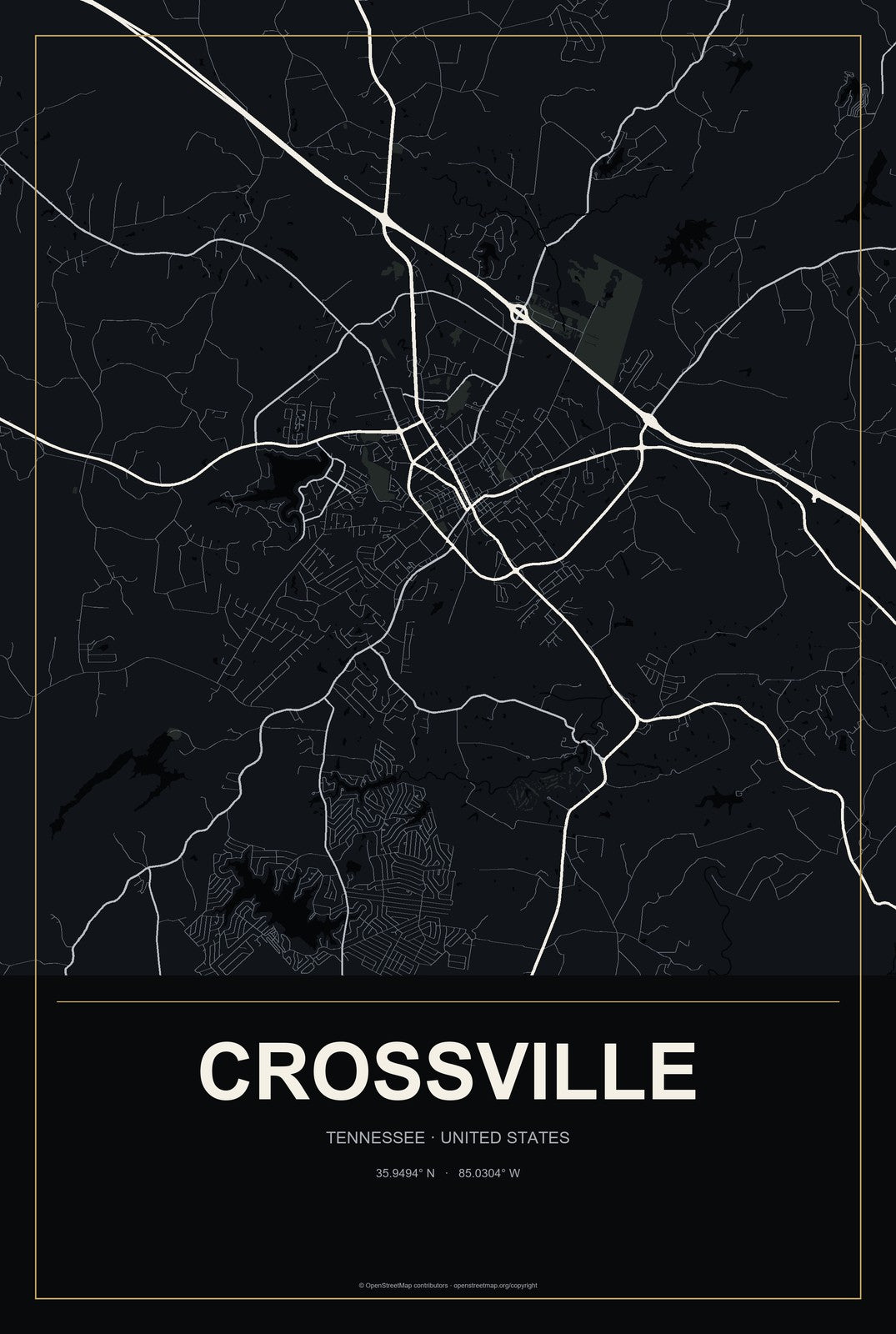 Crossville, Tennessee City Map Aluminum Sign in Metropolitan Noir style
