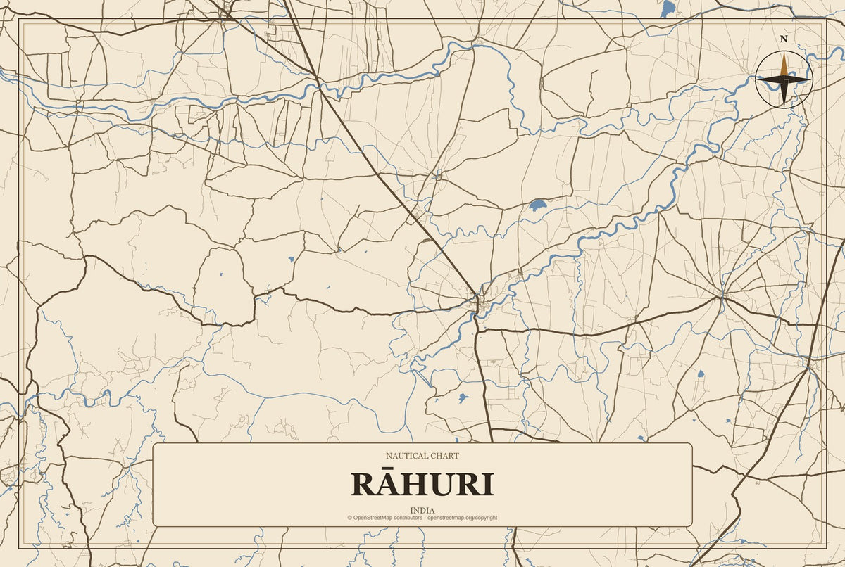 Rāhuri, India City Map Aluminum Sign in Heritage Nautical style