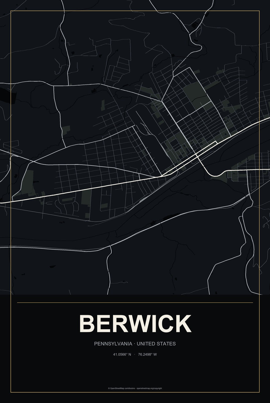 Berwick, Pennsylvania City Map Aluminum Sign in Metropolitan Noir style