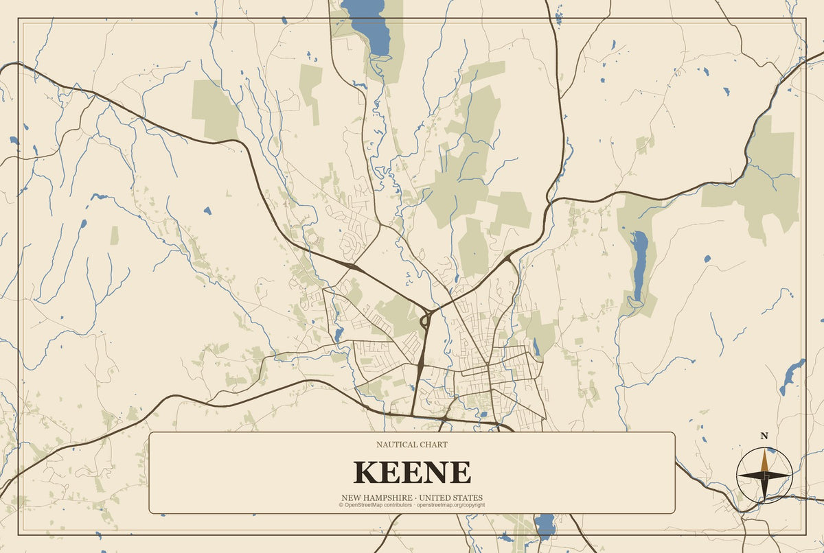 Keene, New Hampshire City Map Aluminum Sign in Heritage Nautical style