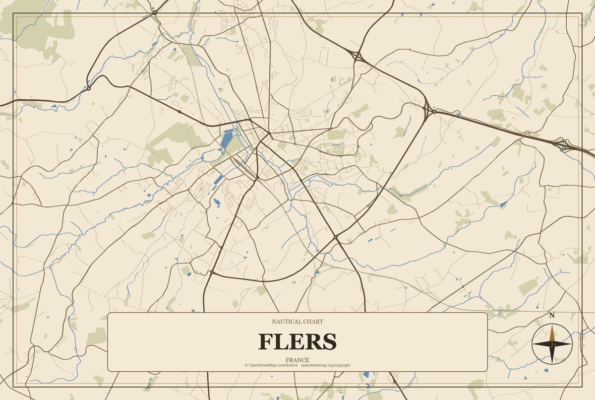 Flers, France City Map Aluminum Sign in Heritage Nautical style