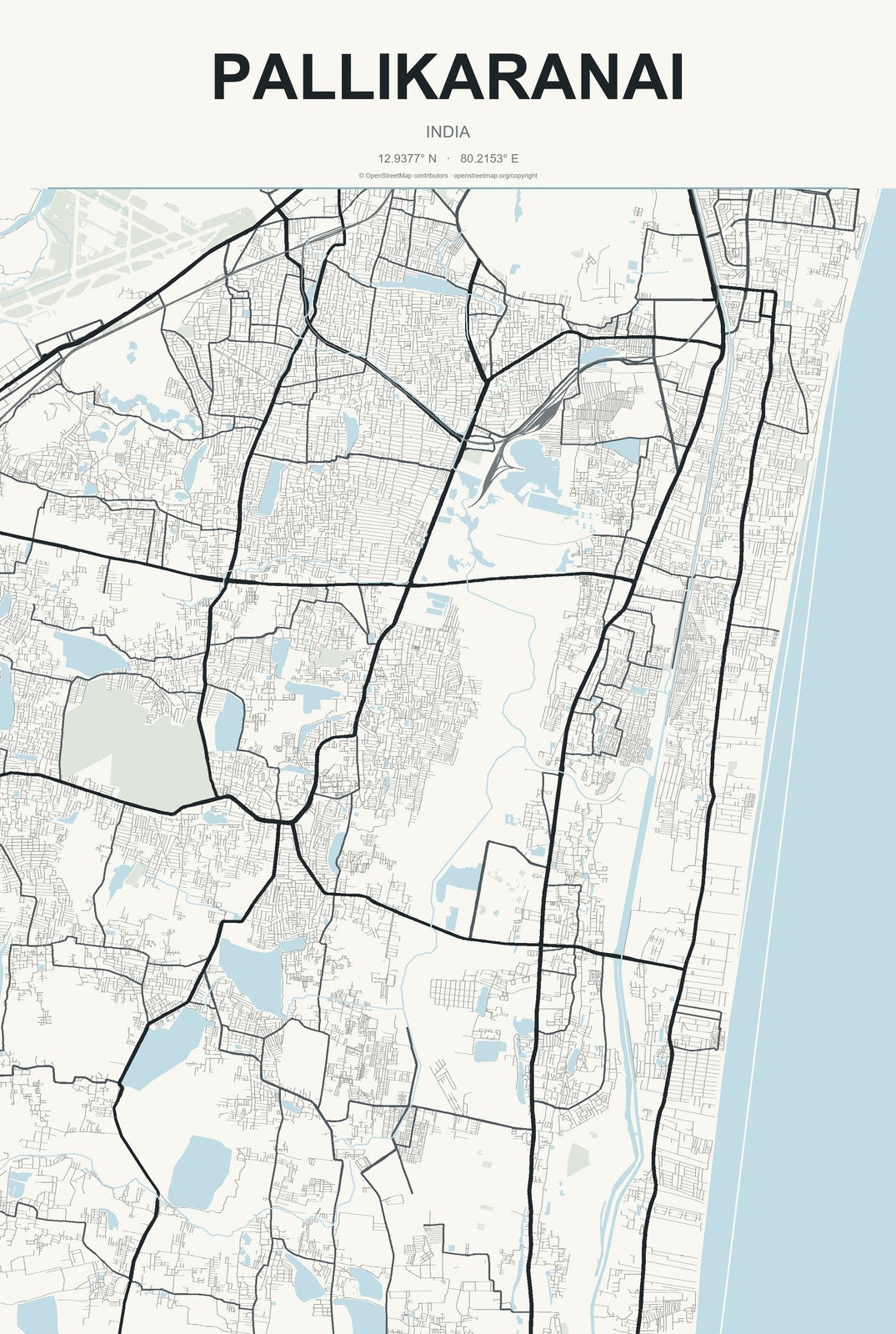 Pallikaranai, India City Map Aluminum Sign in Headline Atlas style