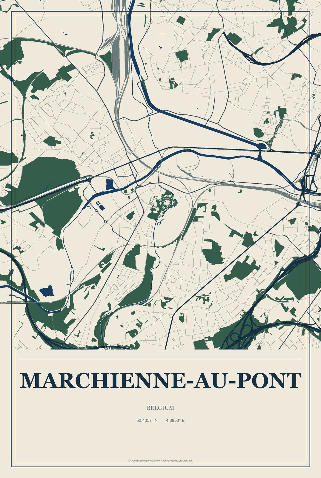 Marchienne-au-Pont, Belgium City Map Aluminum Sign in Coastal Cutout style