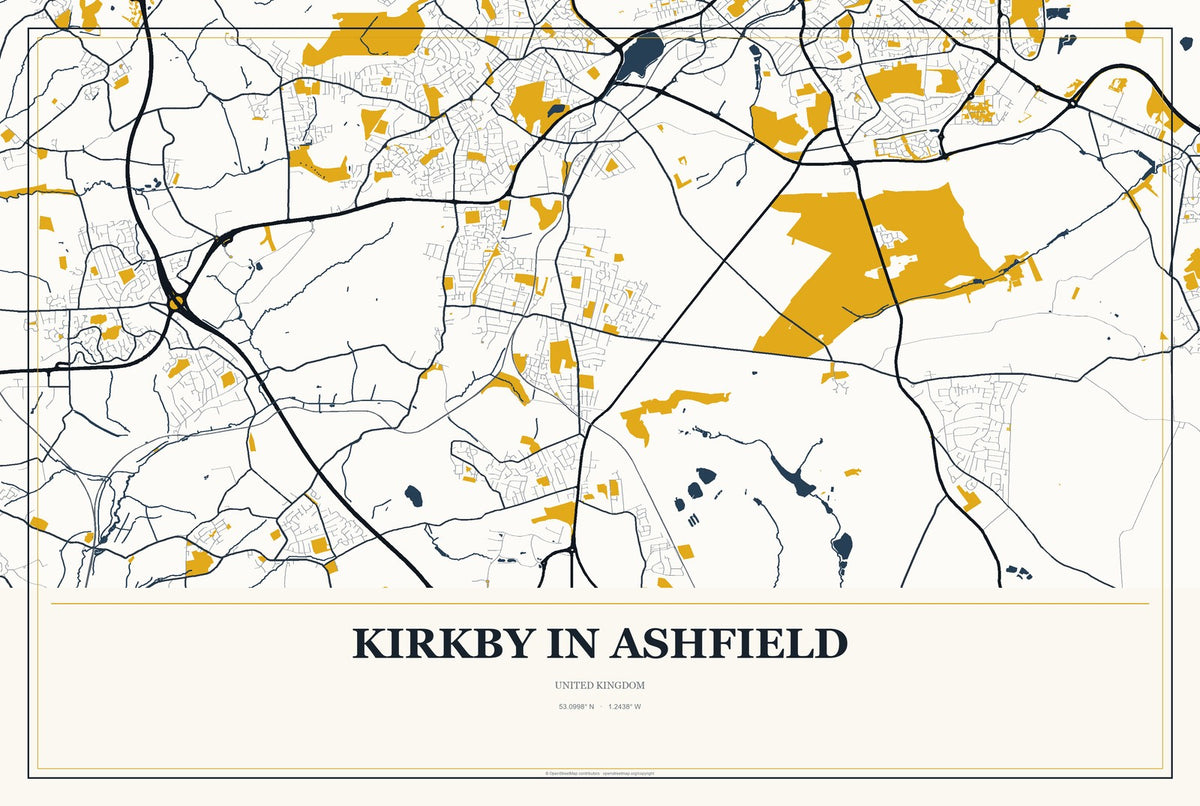 Kirkby in Ashfield, United Kingdom City Map Aluminum Sign in Citrine Modern style