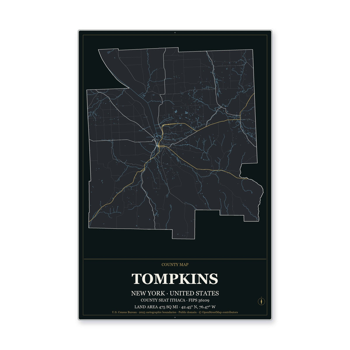 Tompkins County, New York Map Aluminum Sign in Metropolitan Noir style
