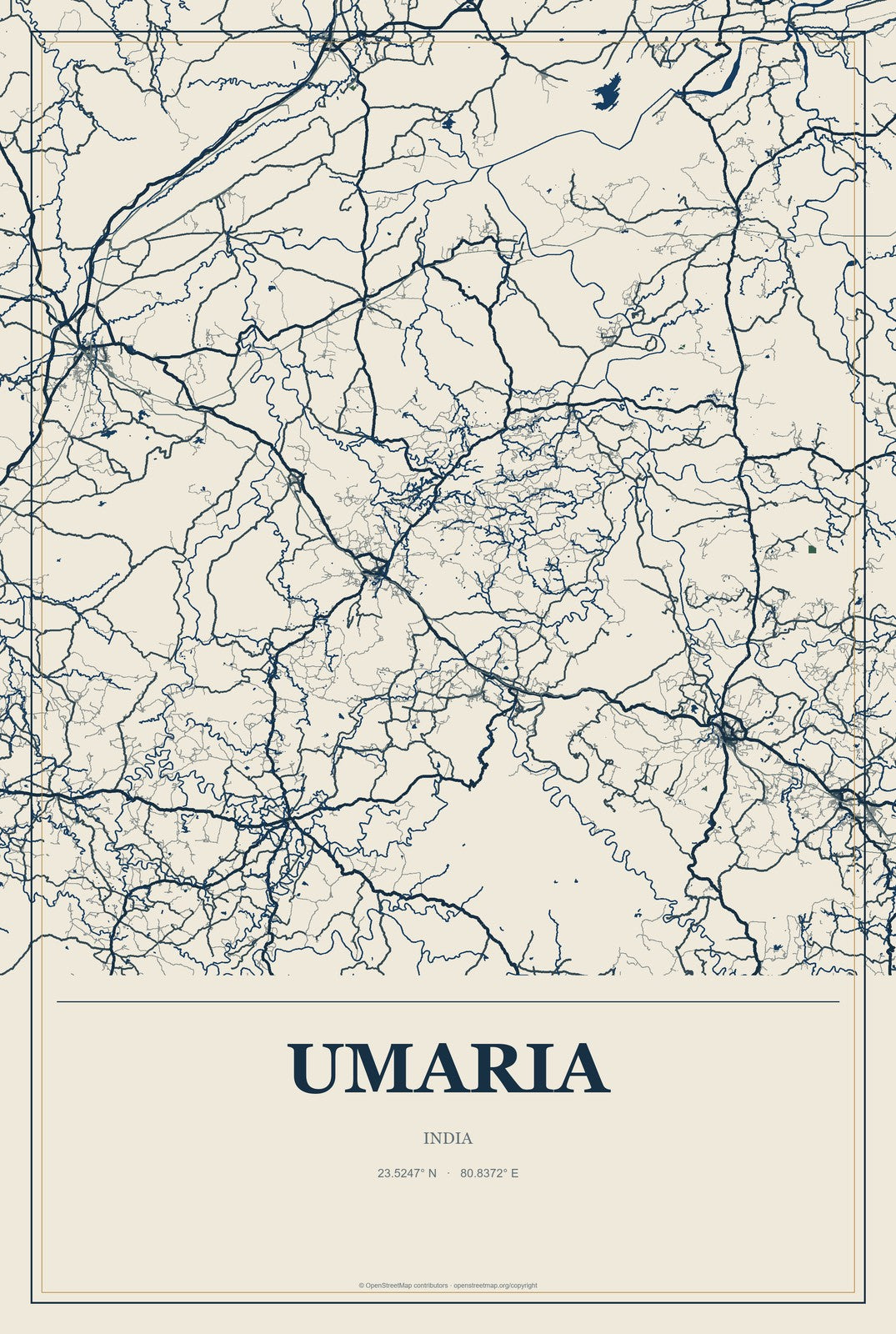 Umaria, India City Map Aluminum Sign in Coastal Cutout style