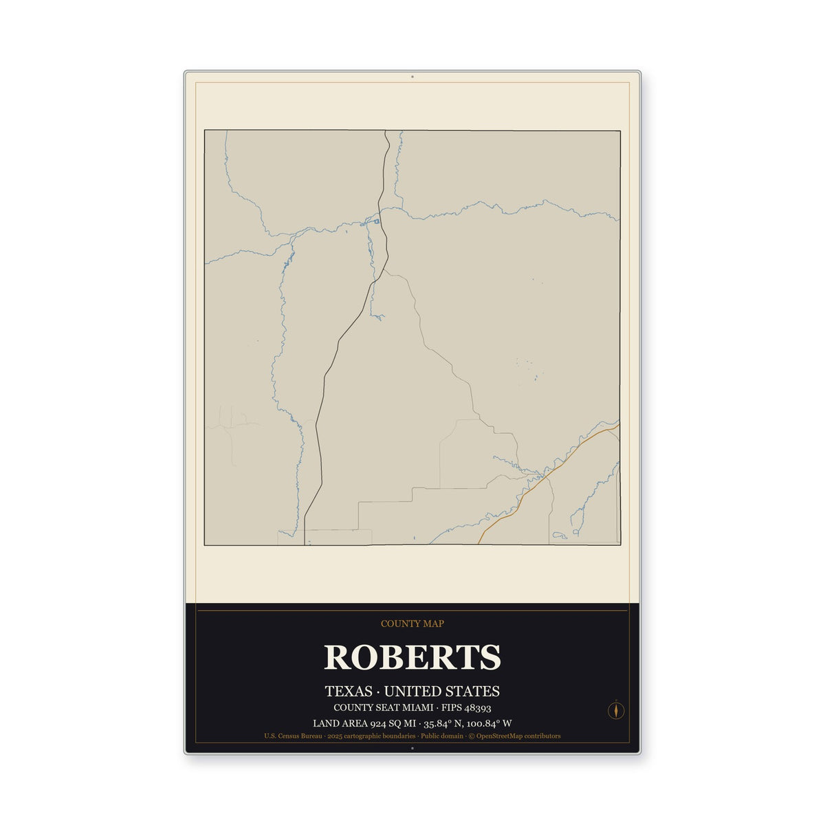 Roberts County, Texas Map Aluminum Sign in Museum Plaque style