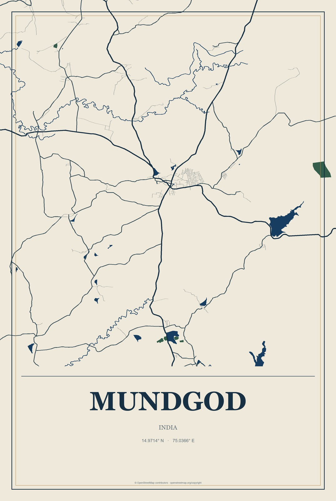 Mundgod, India City Map Aluminum Sign in Coastal Cutout style