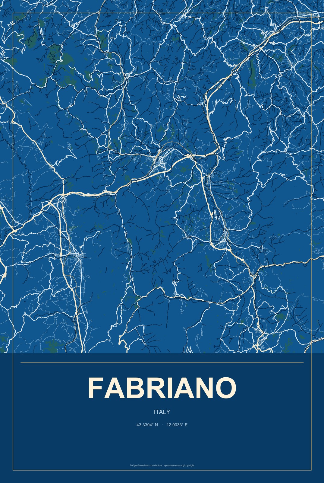 Fabriano, Italy City Map Aluminum Sign in Harbor Cobalt style