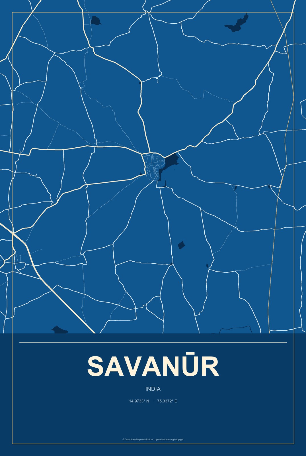 Savanūr, India City Map Aluminum Sign in Harbor Cobalt style
