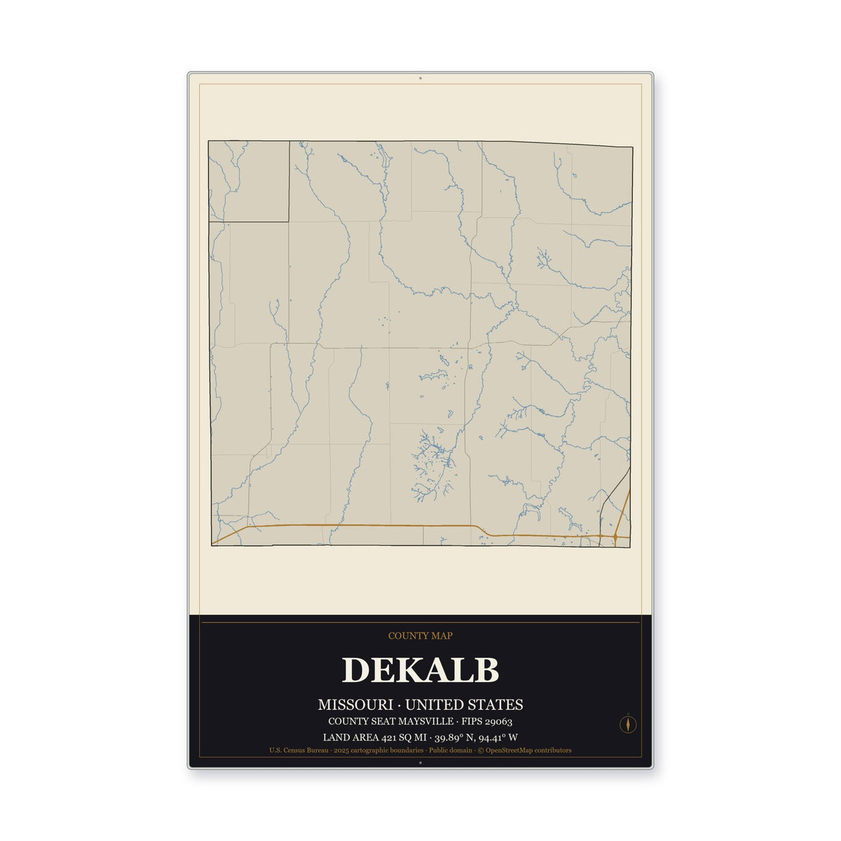 DeKalb County, Missouri Map Aluminum Sign in Museum Plaque style