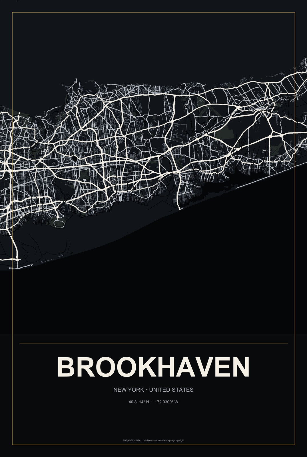 Brookhaven, New York City Map Aluminum Sign in Metropolitan Noir style