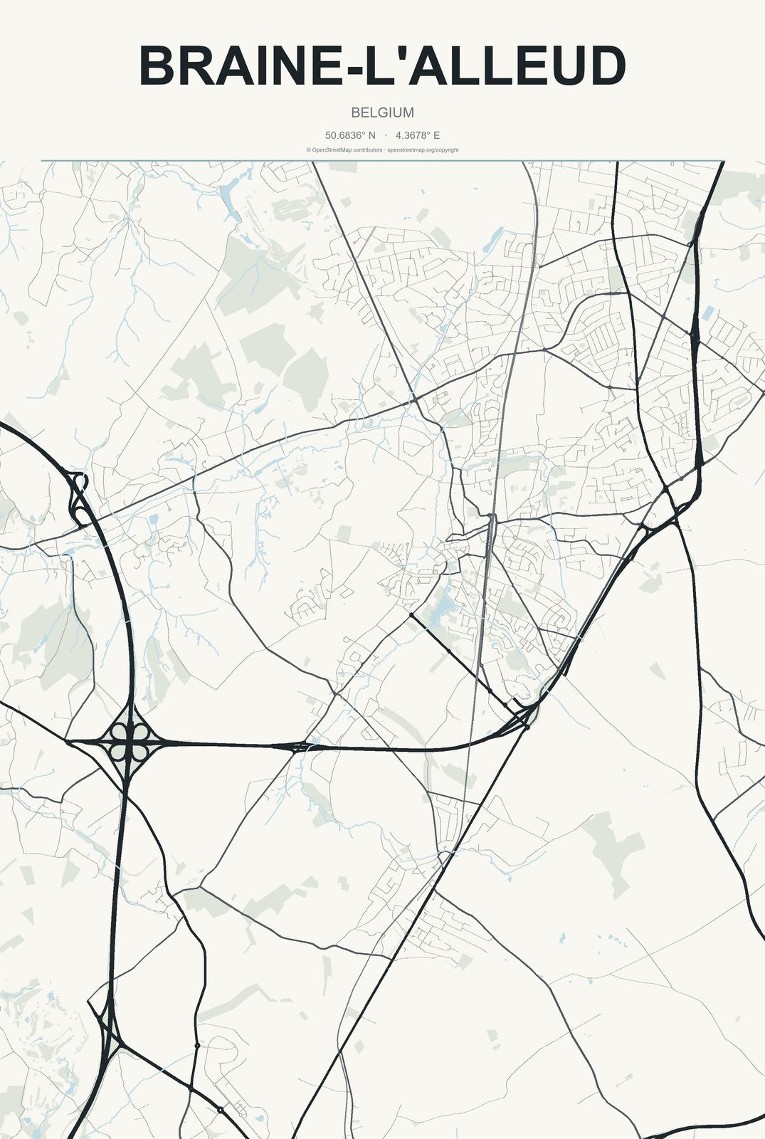Braine-l'Alleud, Belgium City Map Aluminum Sign in Headline Atlas style