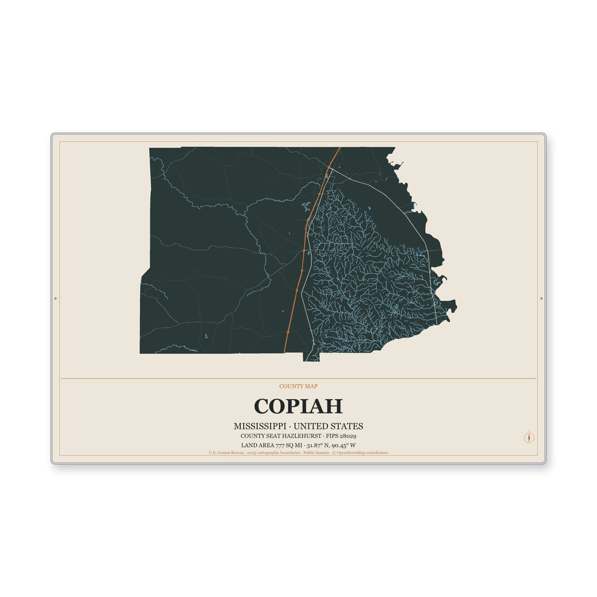 Copiah County, Mississippi Map Aluminum Sign in Headline Atlas style