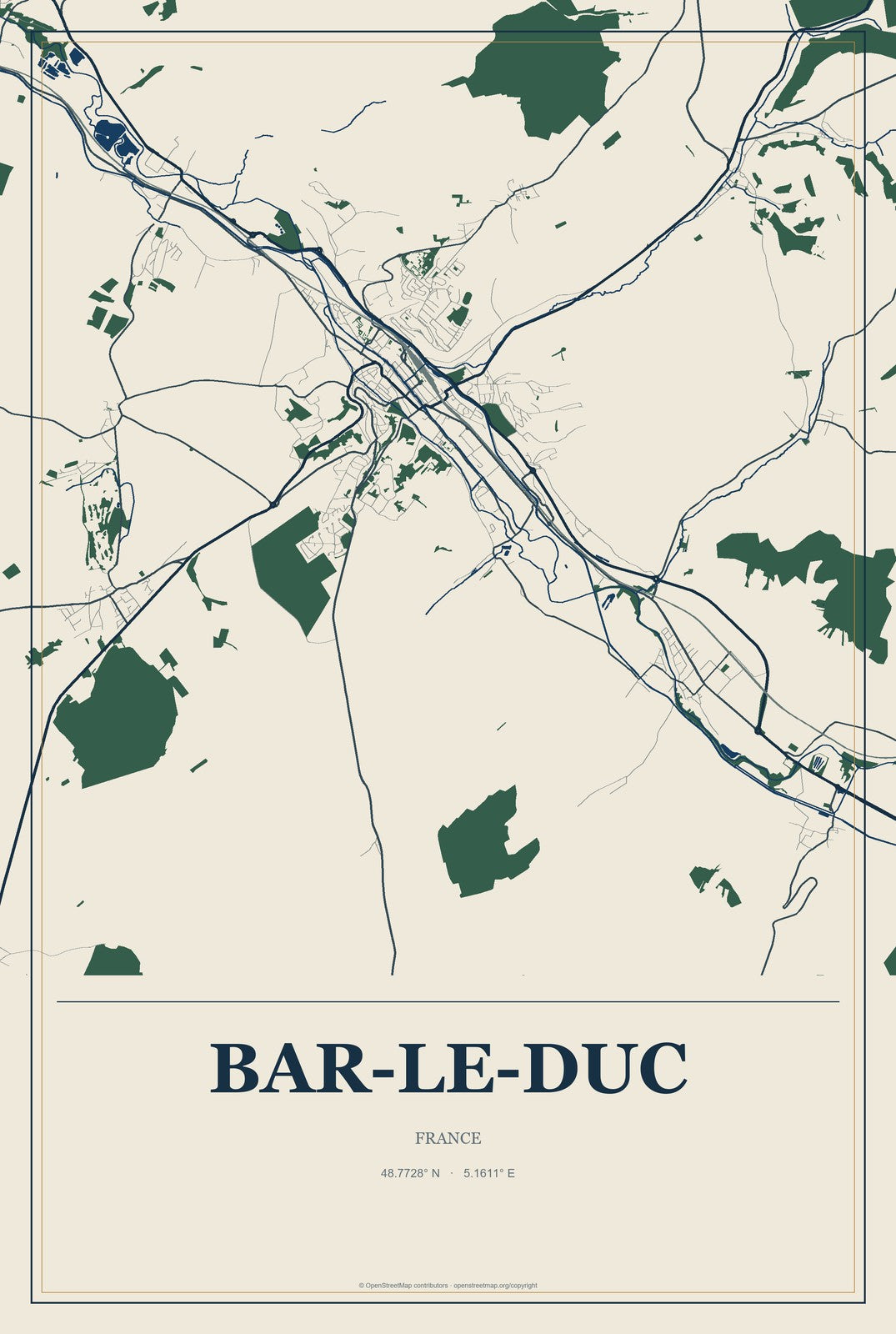 Bar-le-Duc, France City Map Aluminum Sign in Coastal Cutout style