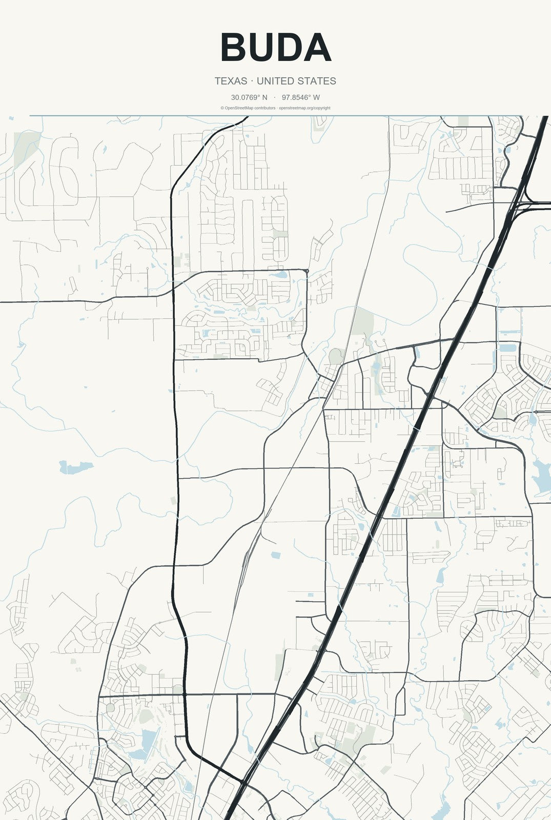 Buda, Texas City Map Aluminum Sign in Headline Atlas style