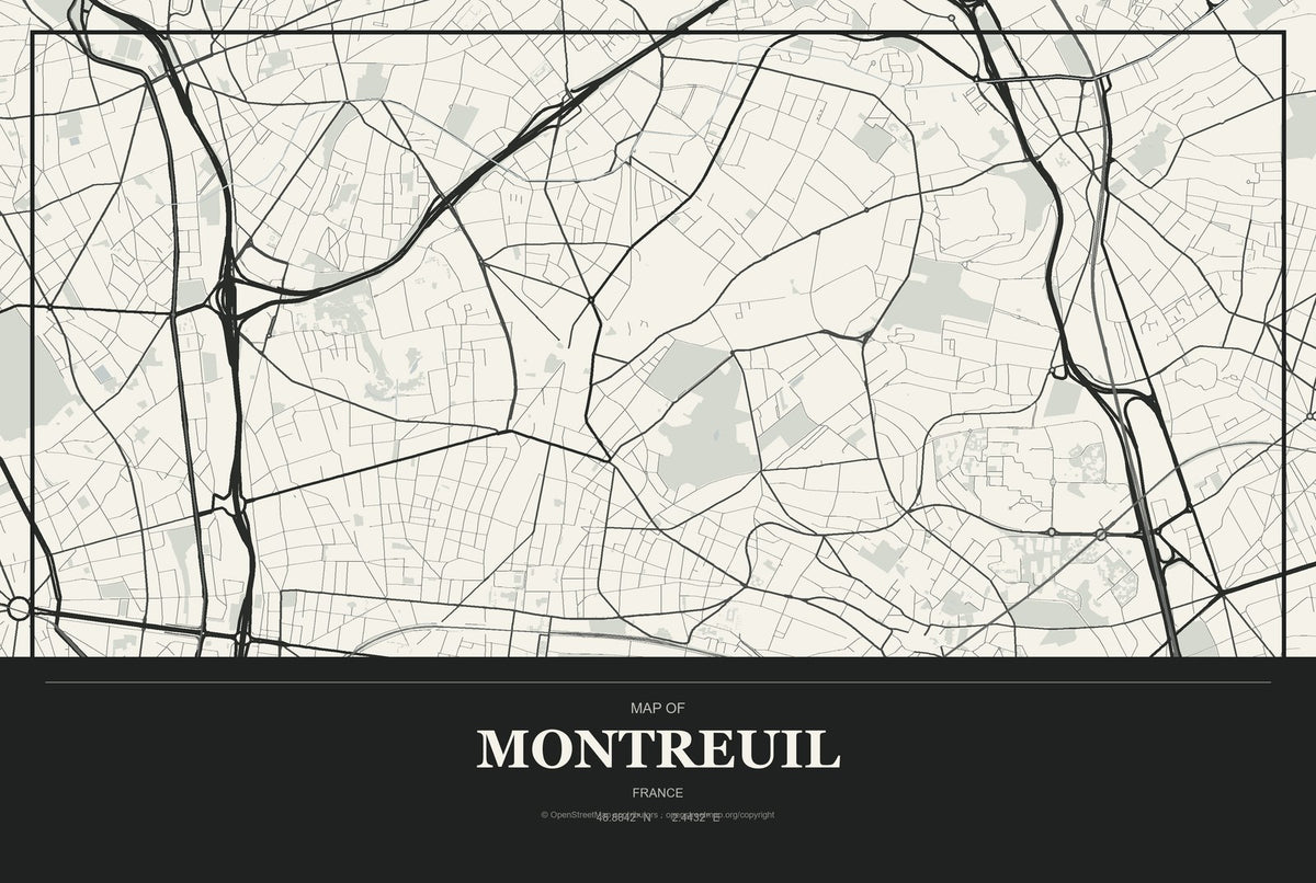 Montreuil, France City Map Aluminum Sign in Museum Plaque style
