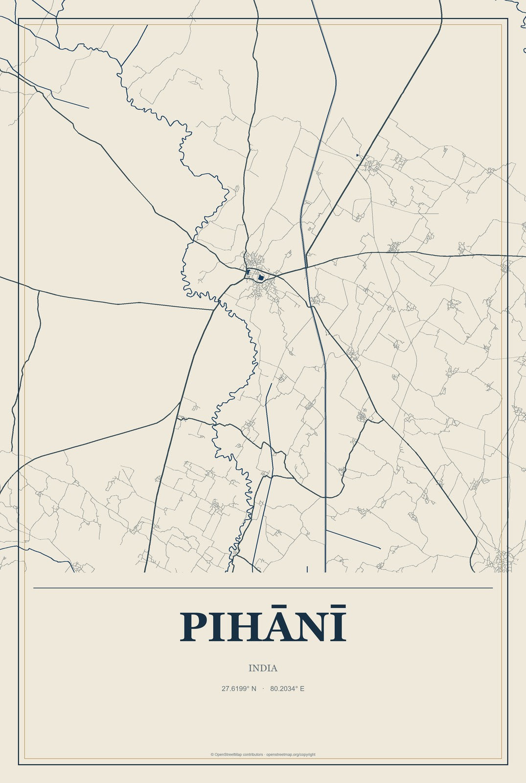 Pihānī, India City Map Aluminum Sign in Coastal Cutout style