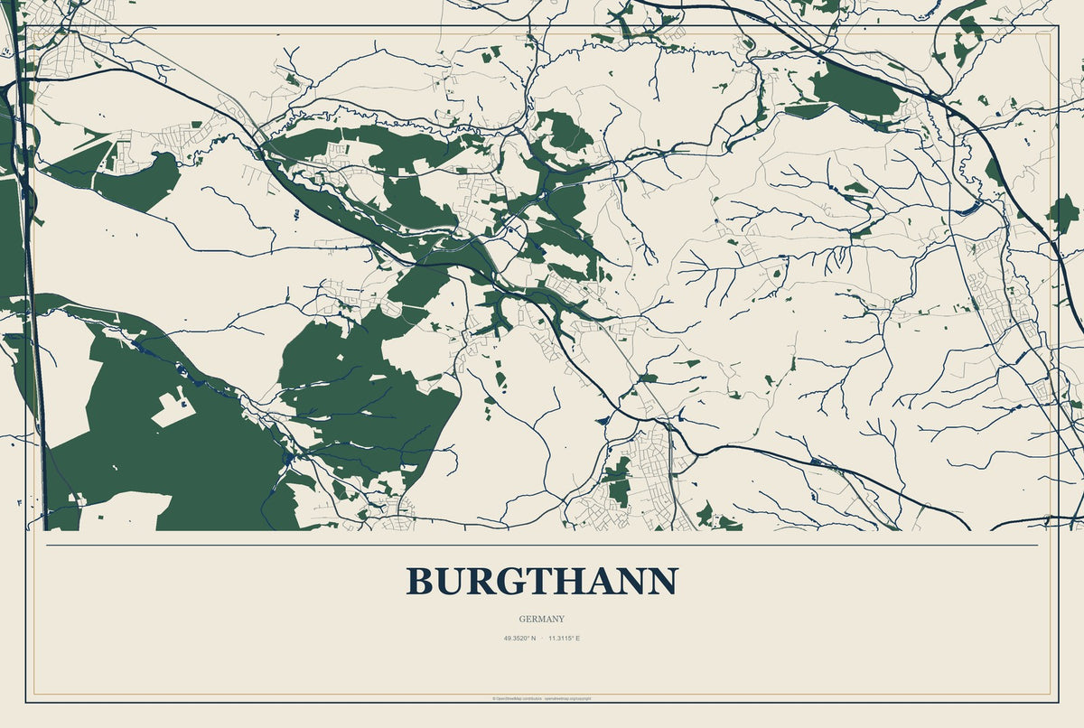 Burgthann, Germany City Map Aluminum Sign in Coastal Cutout style