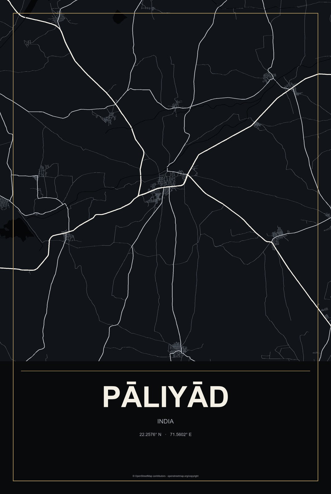 Pāliyād, India City Map Aluminum Sign in Metropolitan Noir style