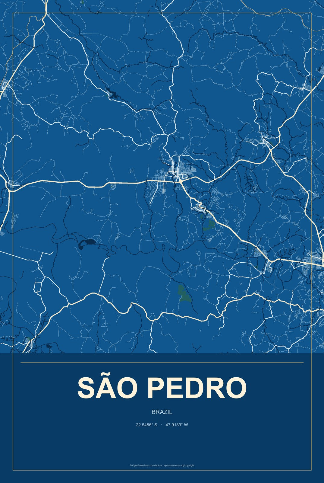São Pedro, Brazil City Map Aluminum Sign in Harbor Cobalt style