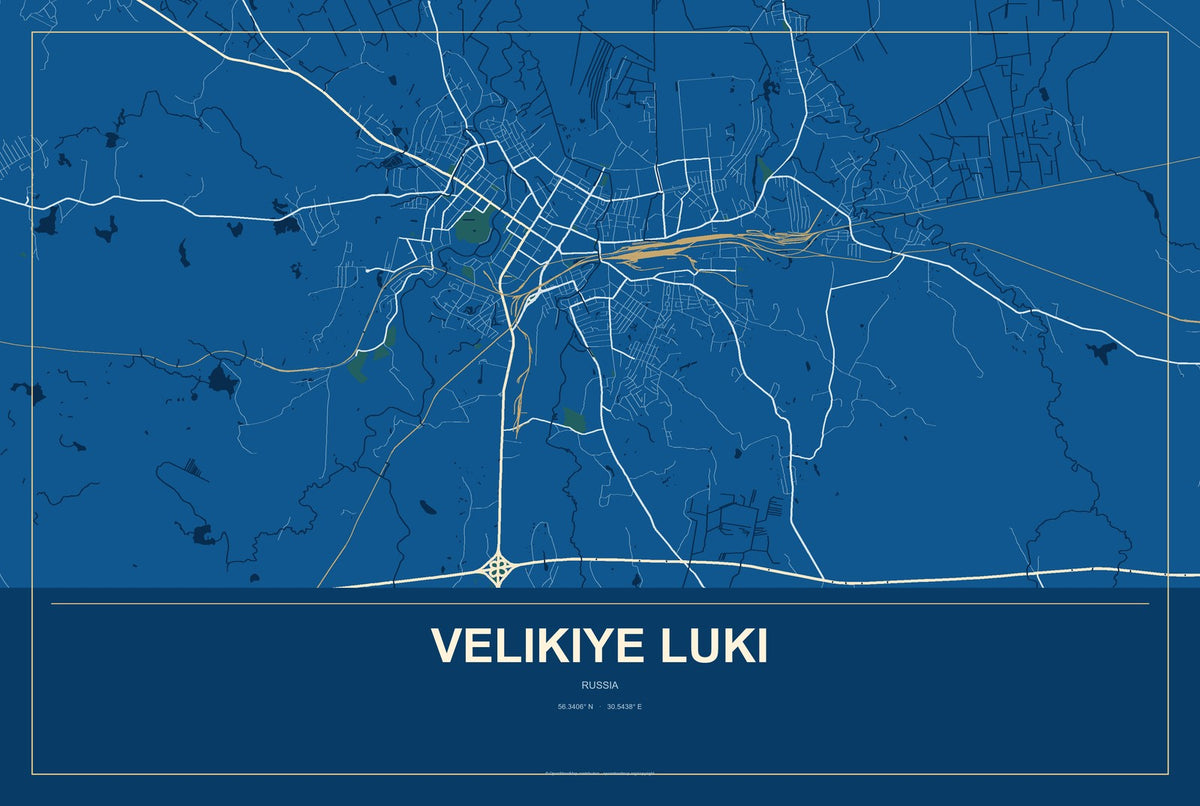 Velikiye Luki, Russia City Map Aluminum Sign in Harbor Cobalt style