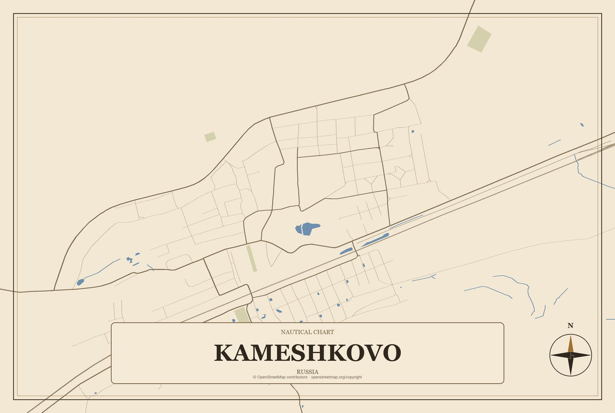 Kameshkovo, Russia City Map Aluminum Sign in Heritage Nautical style