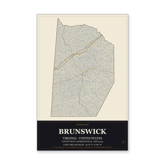 Brunswick County, Virginia Map Aluminum Sign in Museum Plaque style
