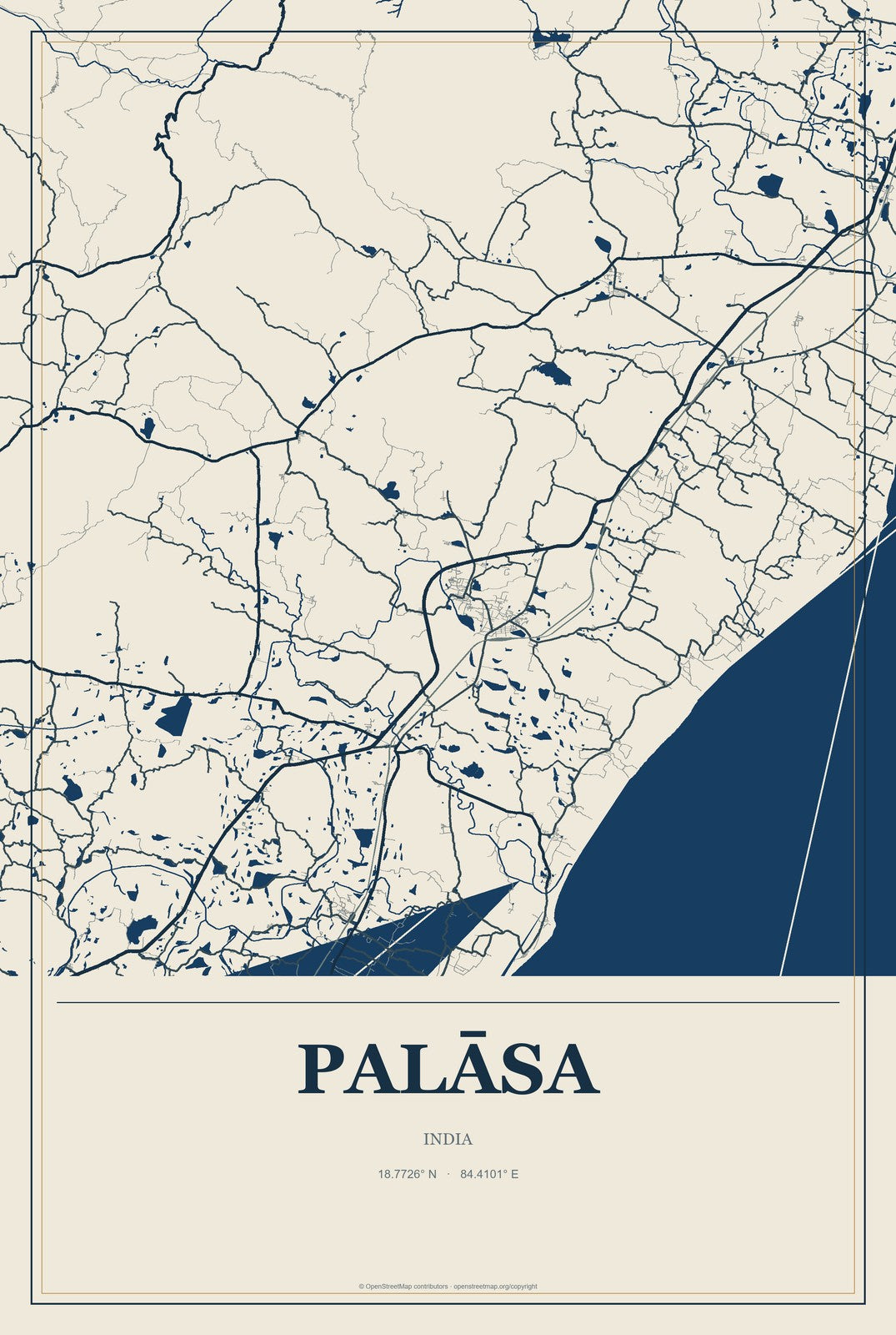 Palāsa, India City Map Aluminum Sign in Coastal Cutout style