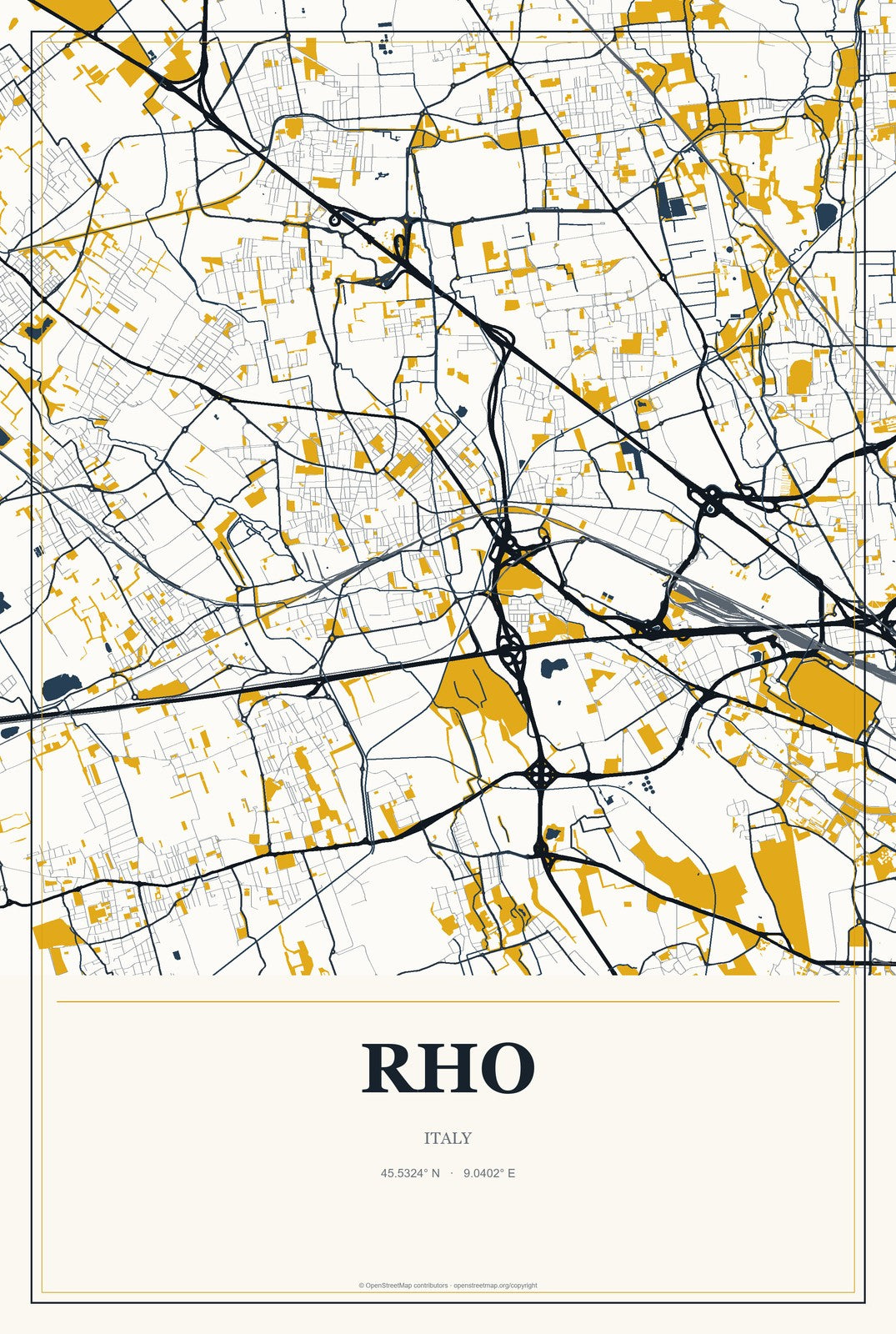 Rho, Italy City Map Aluminum Sign in Citrine Modern style