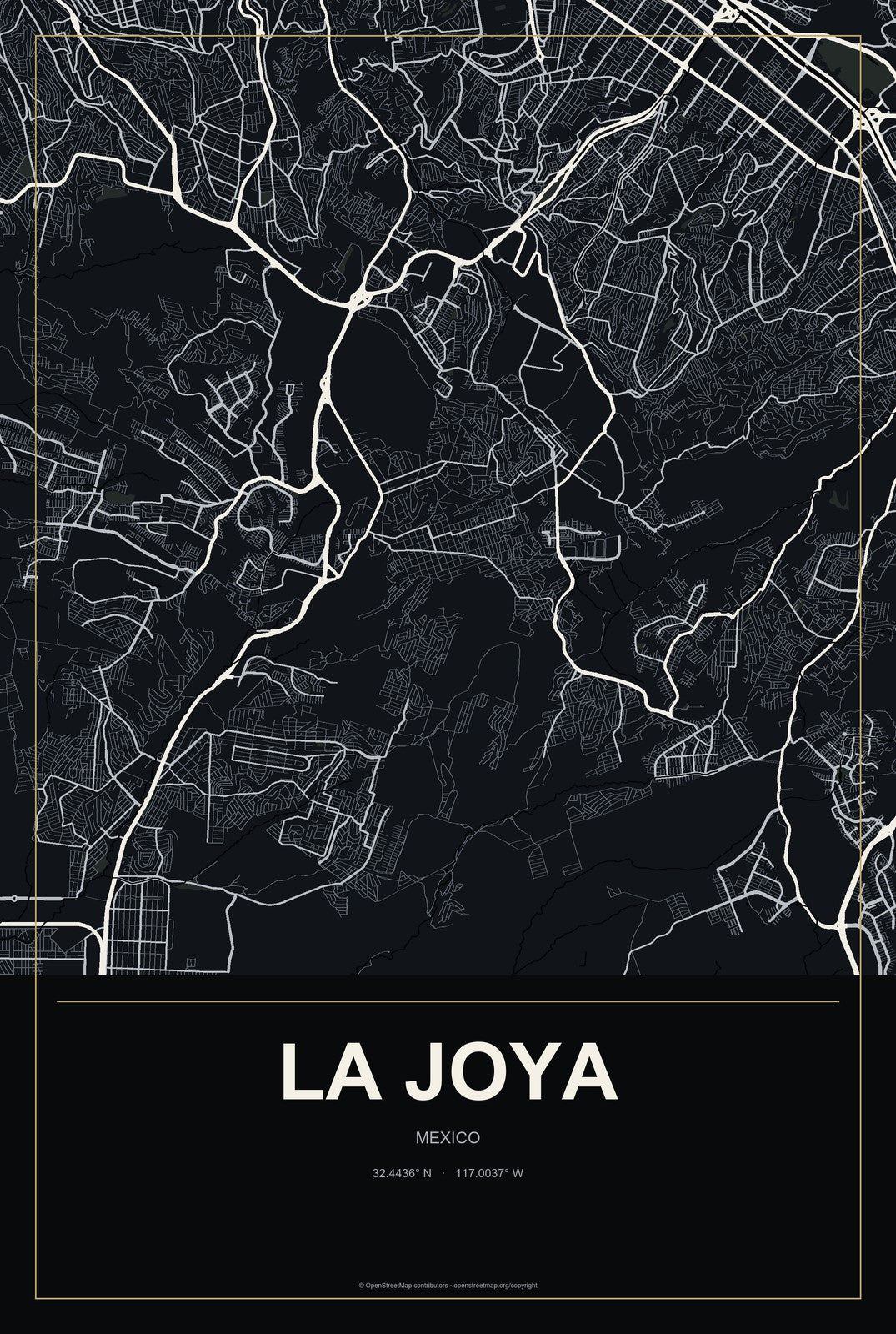 La Joya, Morelos, Mexico City Map Aluminum Sign in Metropolitan Noir style