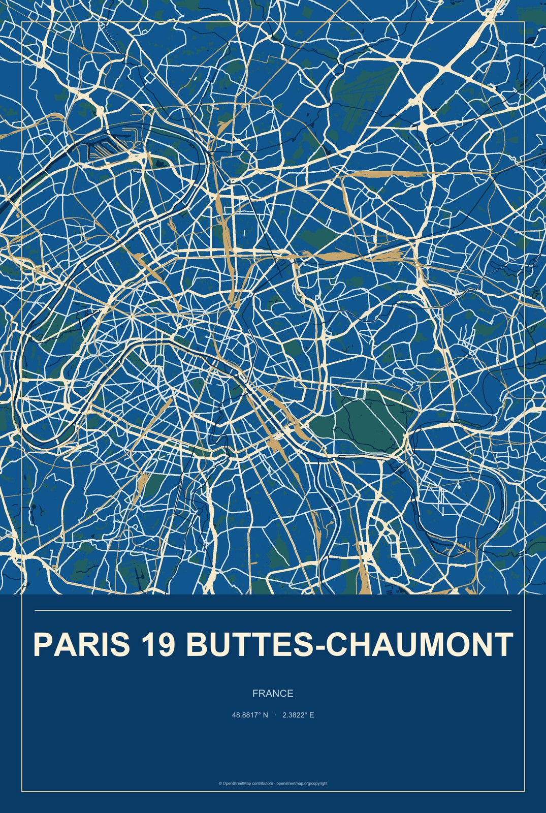 Paris 19 Buttes-Chaumont, France City Map Aluminum Sign in Harbor Cobalt style