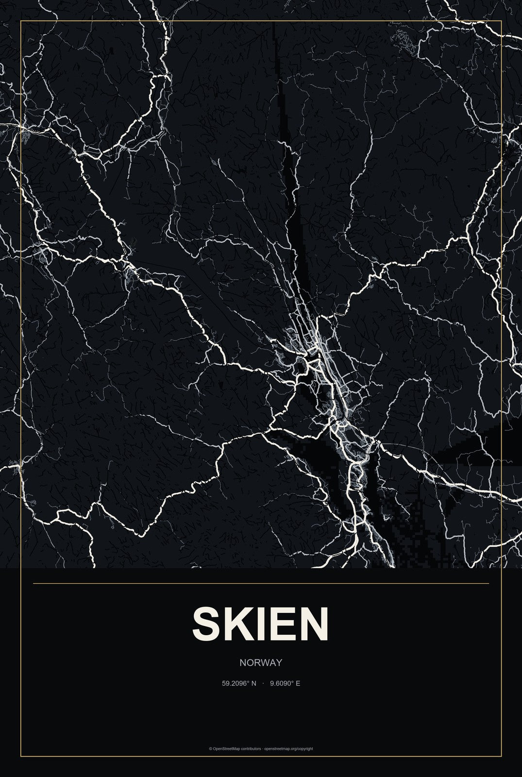 Skien, Norway City Map Aluminum Sign in Metropolitan Noir style