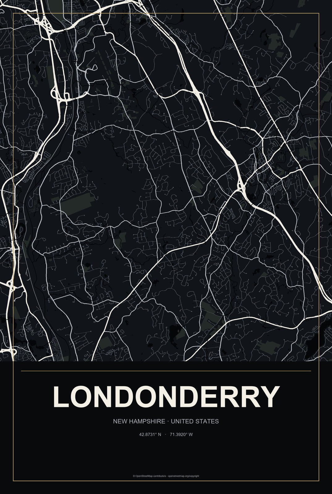 Londonderry, New Hampshire City Map Aluminum Sign in Metropolitan Noir style
