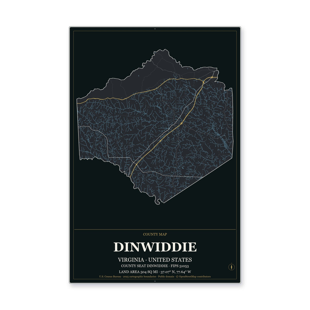 Dinwiddie County, Virginia Map Aluminum Sign in Metropolitan Noir style