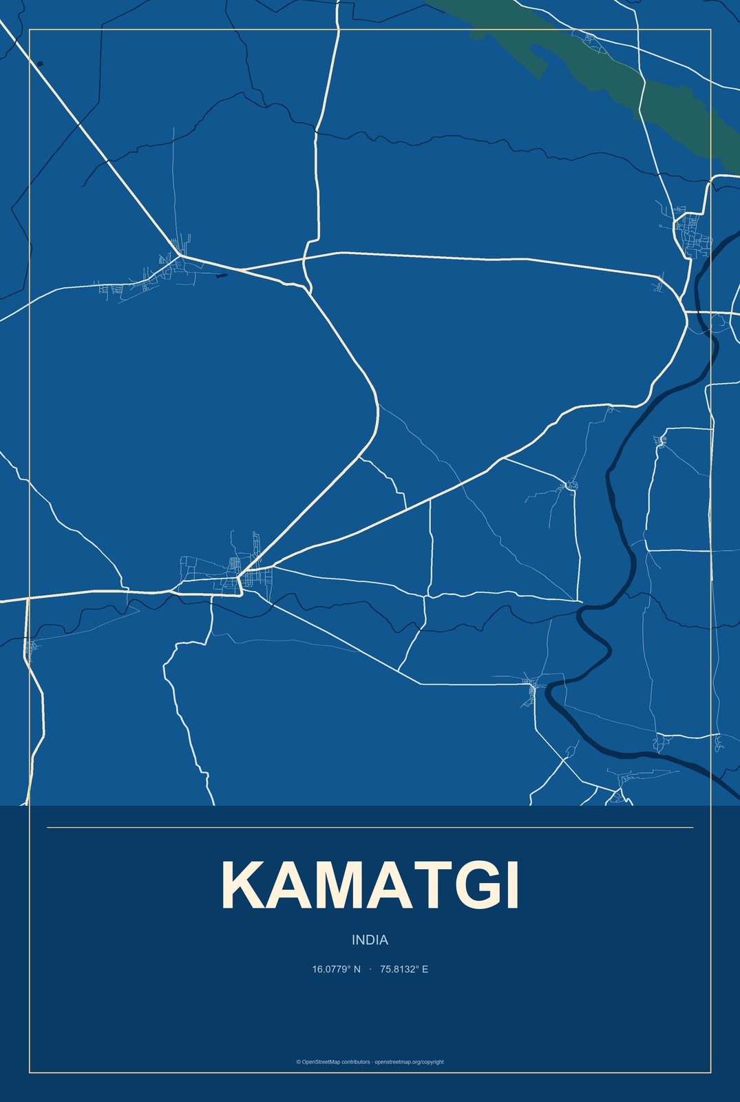 Kamatgi, India City Map Aluminum Sign in Harbor Cobalt style