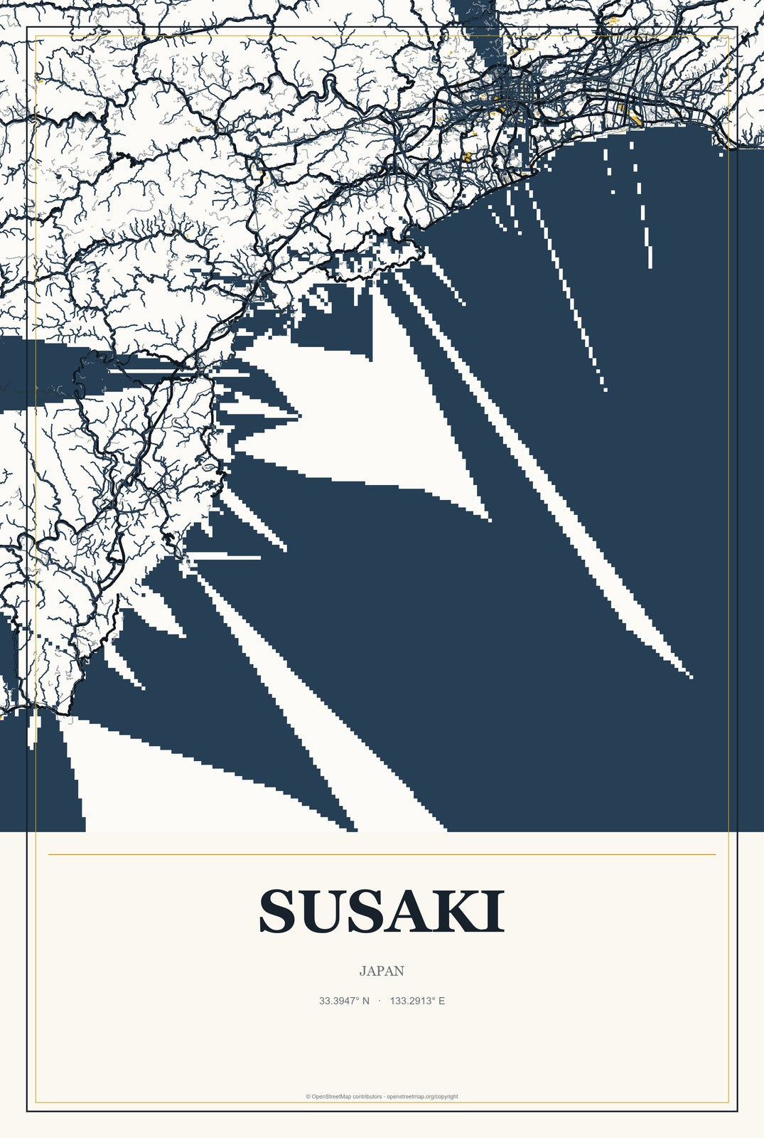 Susaki, Japan City Map Aluminum Sign in Citrine Modern style
