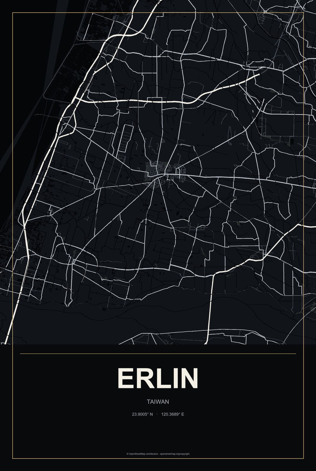 Erlin, Taiwan City Map Aluminum Sign in Metropolitan Noir style