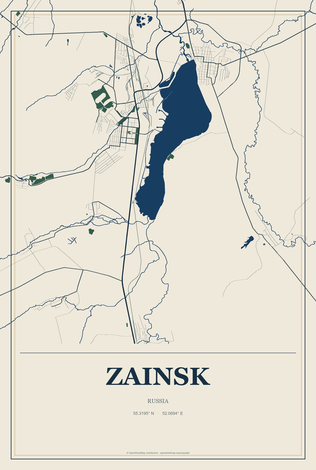 Zainsk, Russia City Map Aluminum Sign in Coastal Cutout style