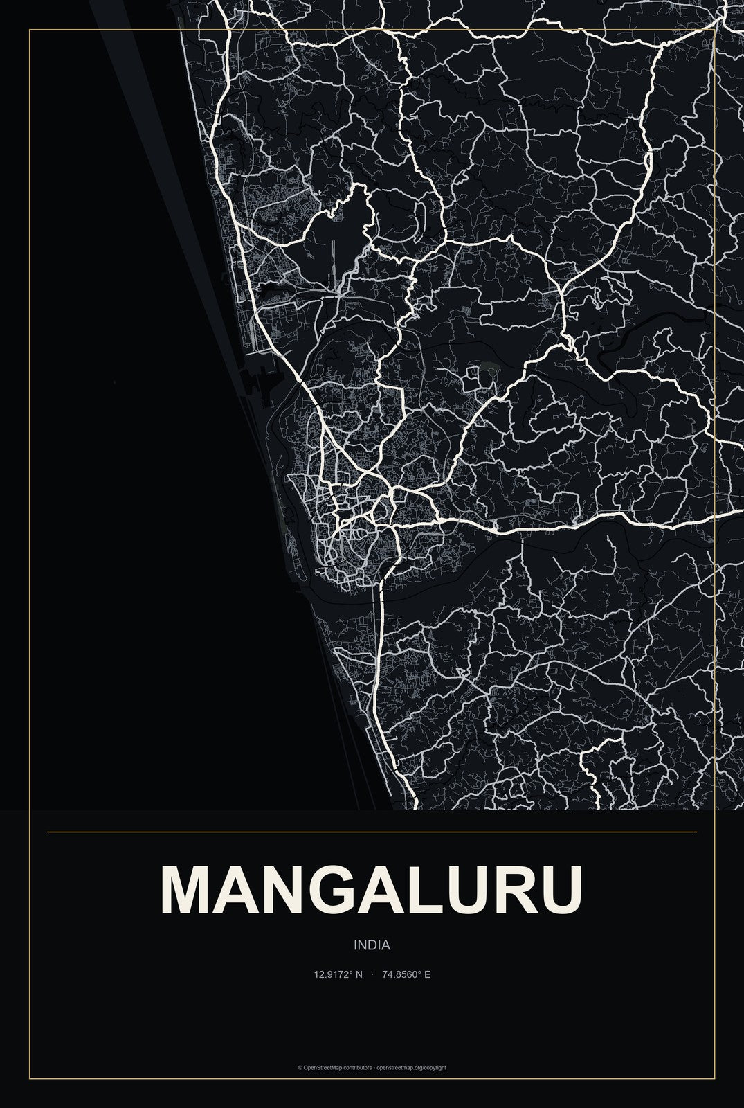 Mangaluru, India City Map Aluminum Sign in Metropolitan Noir style
