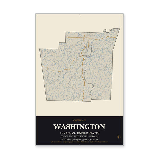 Washington County, Arkansas Map Aluminum Sign in Museum Plaque style