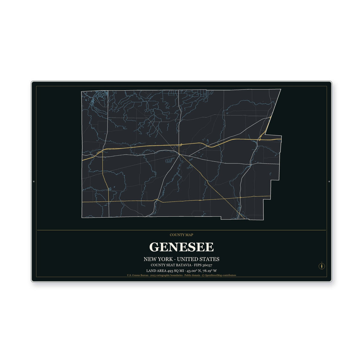 Genesee County, New York Map Aluminum Sign in Metropolitan Noir style