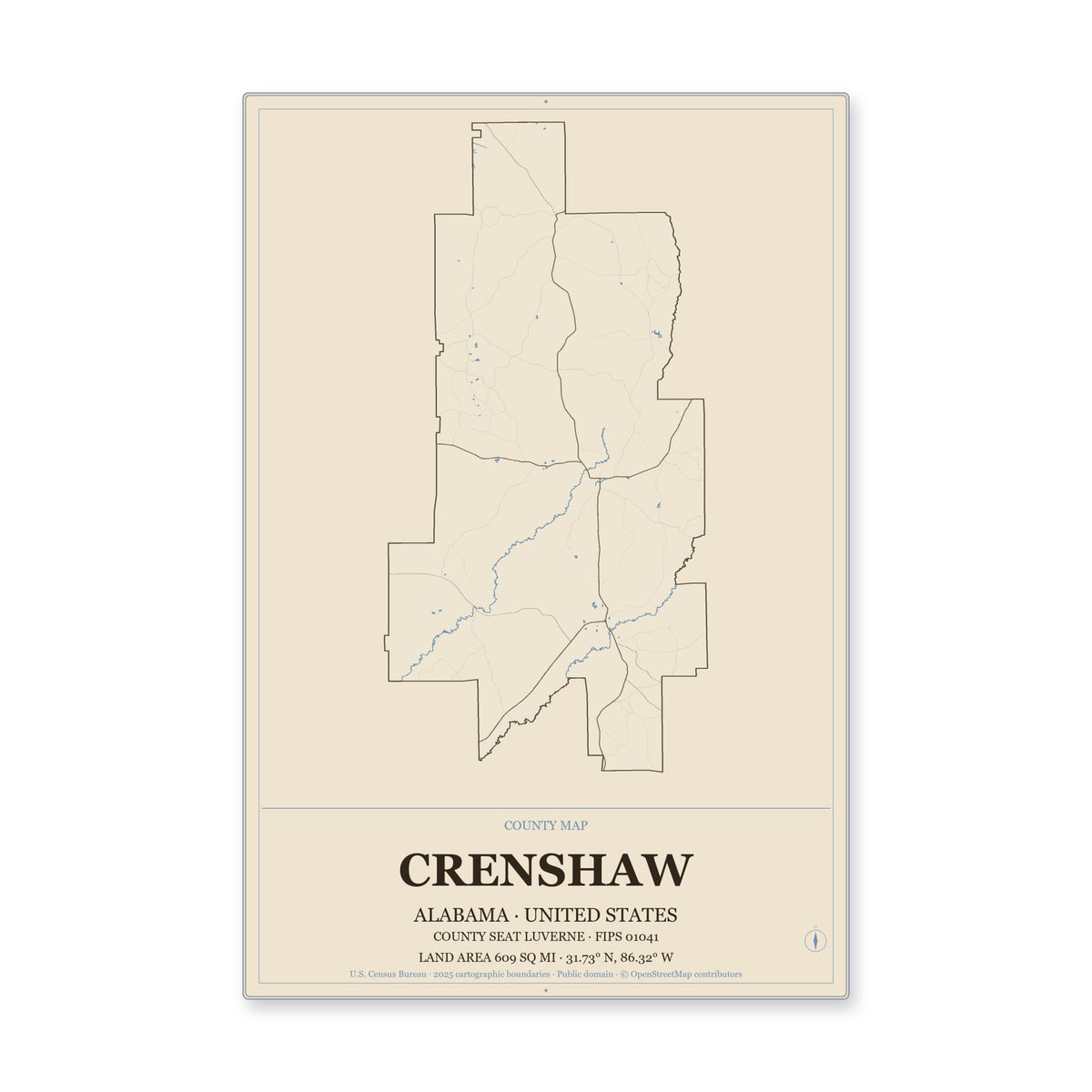 Crenshaw County, Alabama Map Aluminum Sign in Heritage Nautical style