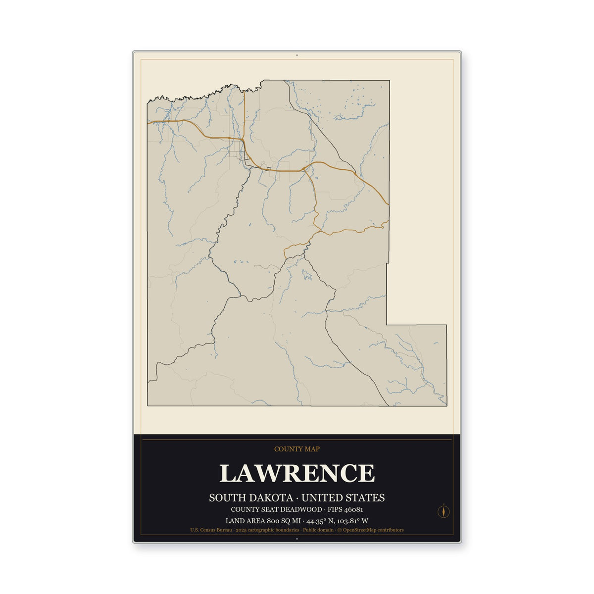 Lawrence County, South Dakota Map Aluminum Sign in Museum Plaque style