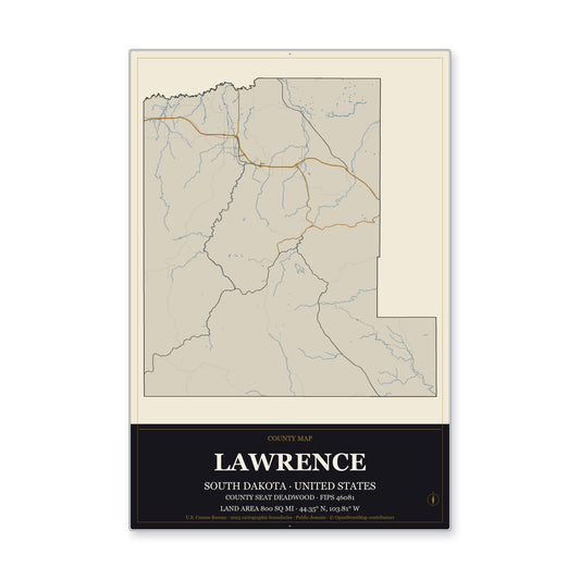 Lawrence County, South Dakota Map Aluminum Sign in Museum Plaque style