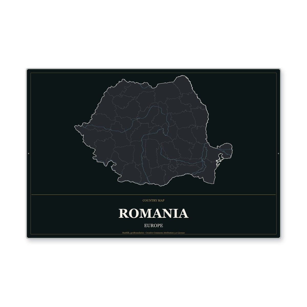 Romania Country Map Aluminum Sign in Metropolitan Noir style