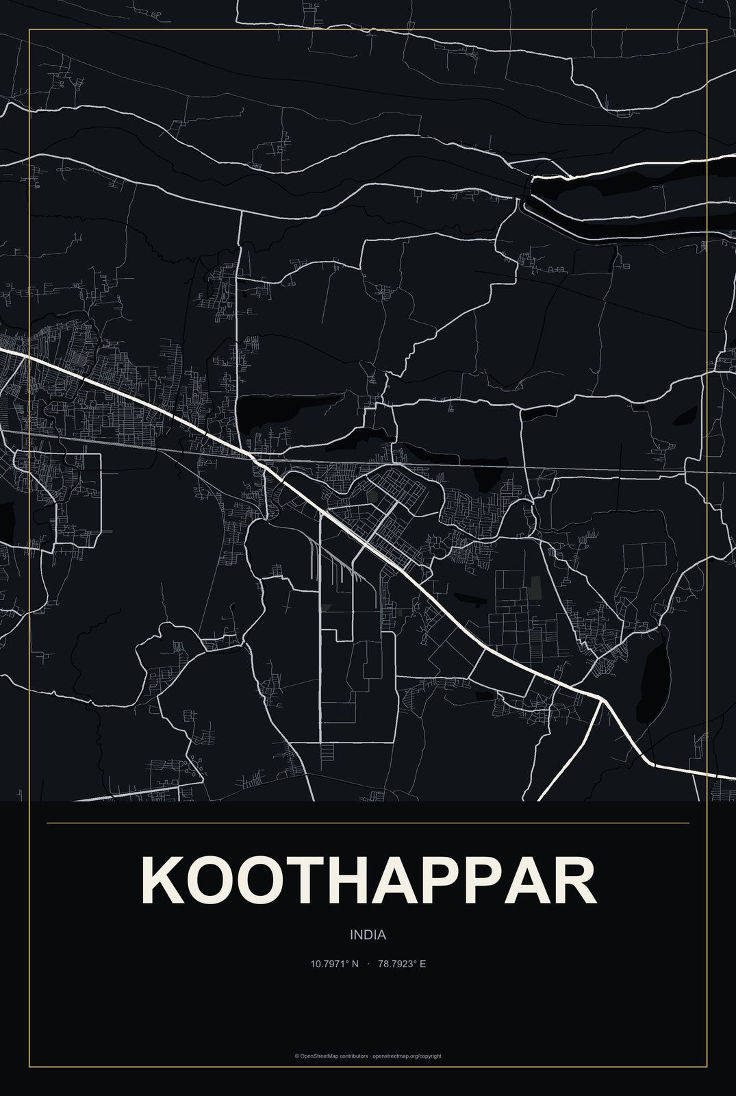 Koothappar, India City Map Aluminum Sign in Metropolitan Noir style