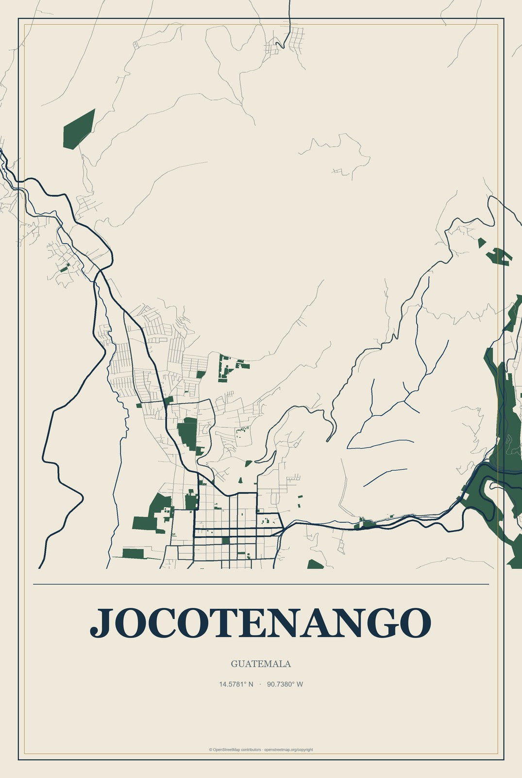 Jocotenango, Guatemala City Map Aluminum Sign in Coastal Cutout style